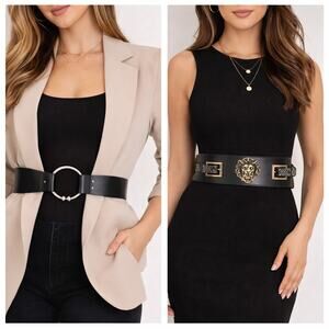 Bundle of 2 Black Statement Waist Belts – Ring & Lion Medallion (41.5")